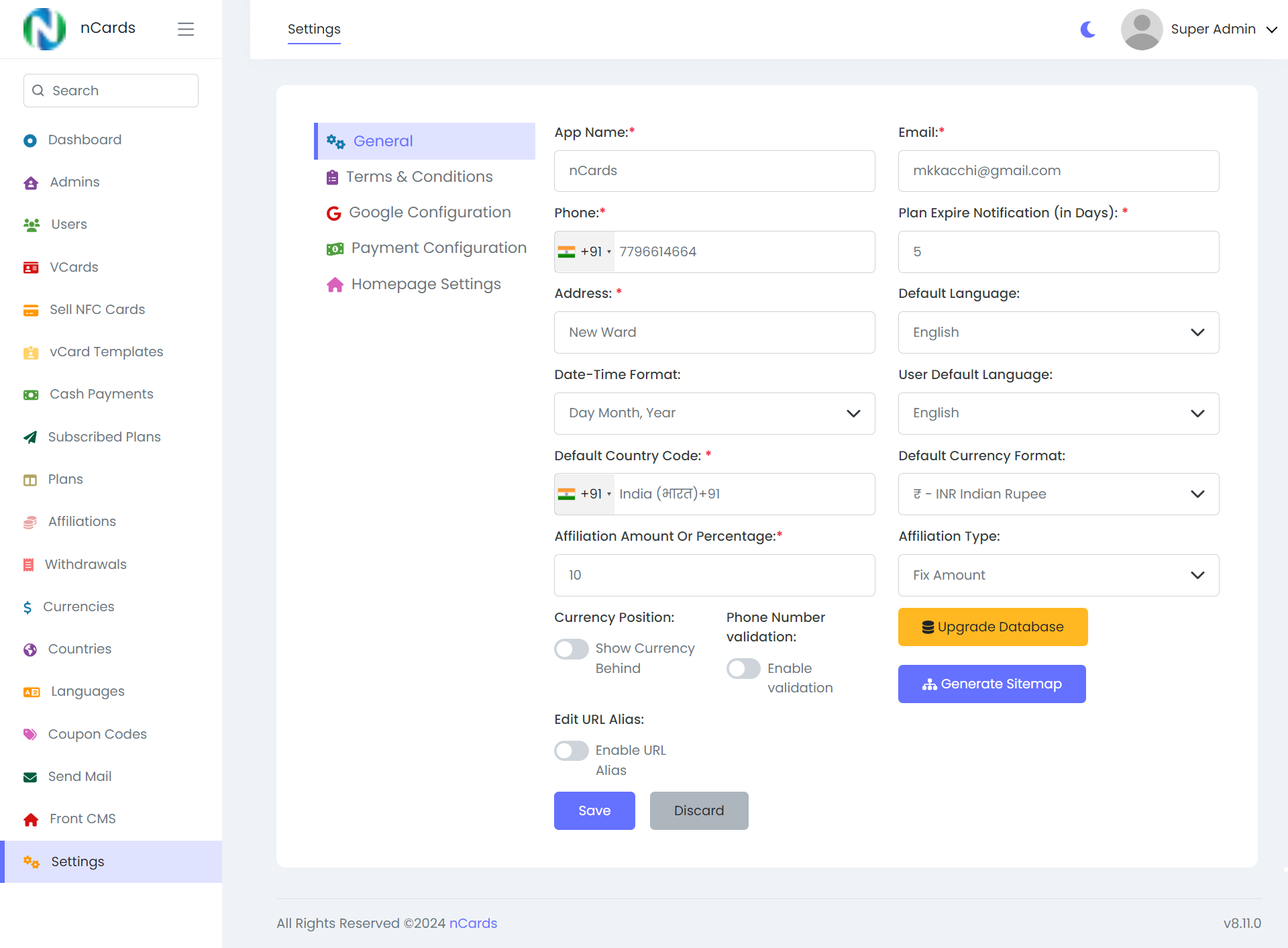 Digital business card — admin panel — Manage Front Website